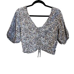 Lush Blue and White Puff Sleeve Crop Blouse